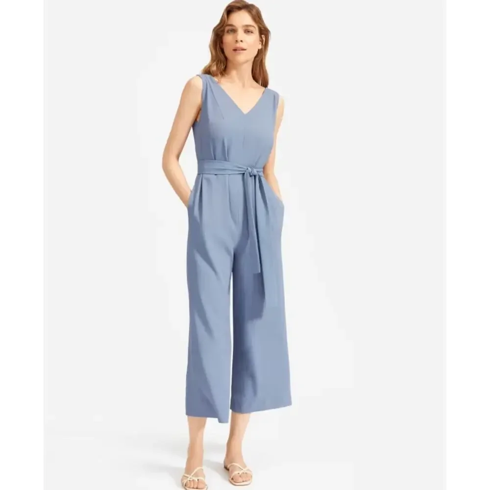 Everlane The Japanese GoWeave Essential Jumpsuit Sz 12 Dusty Blue -Missing Belt-